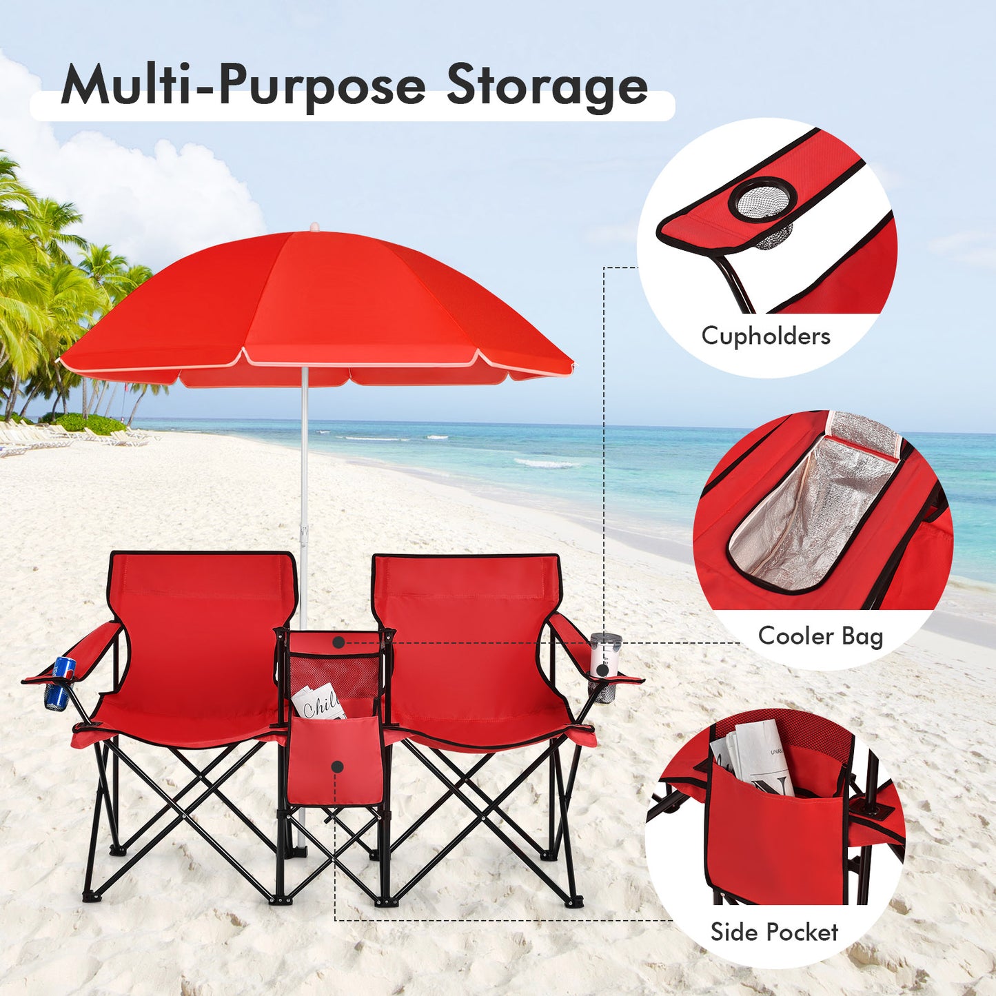 Portable Double Camping Chair with Umbrella &amp;amp; Ice Bag-Red