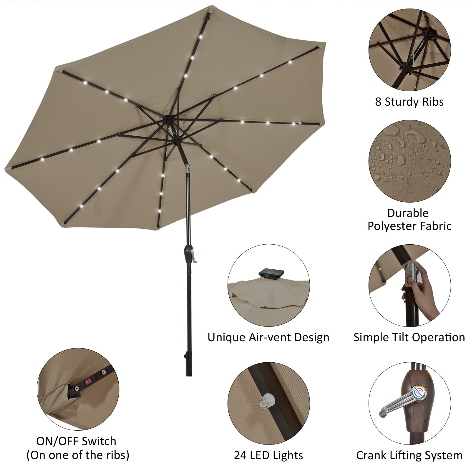 3m Solar Powered LED Lighted Patio Umbrella with Tilt and Crank-Coffee