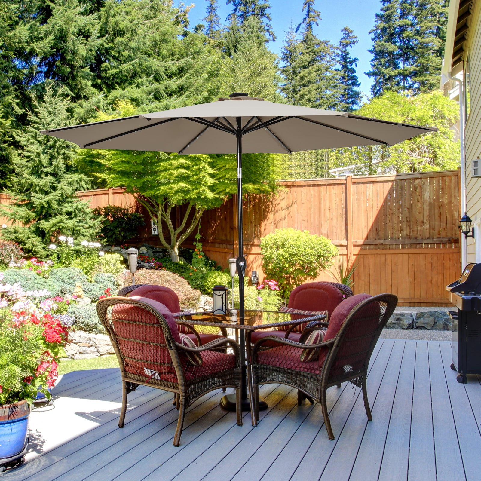 3m Solar Powered LED Lighted Patio Umbrella with Tilt and Crank-Coffee