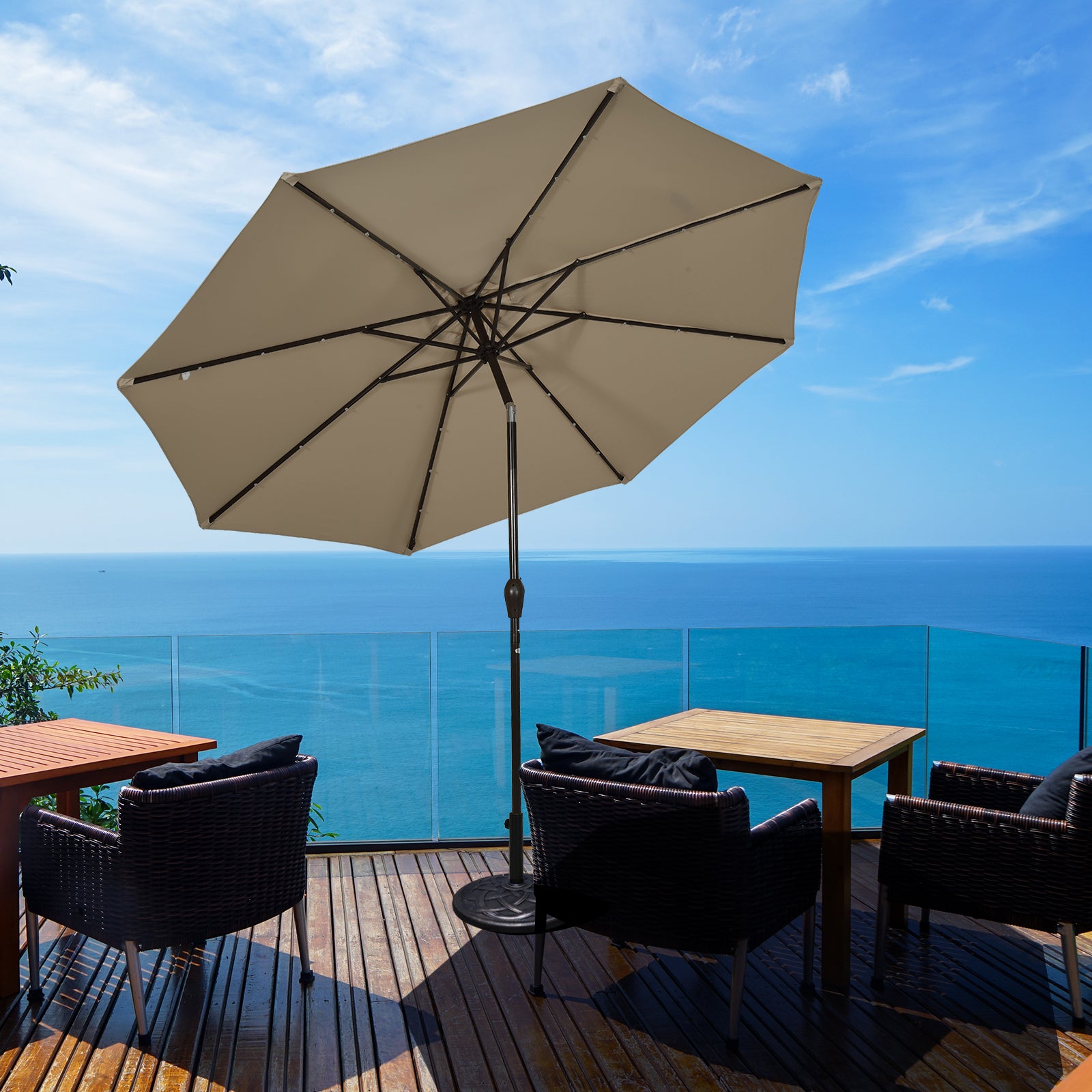 3m Solar Powered LED Lighted Patio Umbrella with Tilt and Crank-Coffee