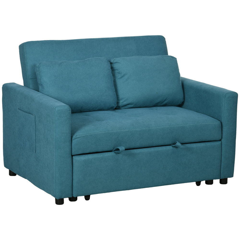HOMCOM Loveseat Sofa Bed, Convertible Bed Settee with 2 Cushions, Side Pockets for Living Room, Blue