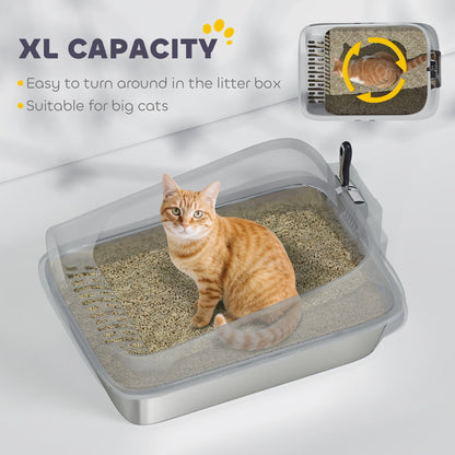 PawHut XL Stainless Steel Cat Litter Box with High Sides, Metal Scoop, 60 x 40 x 30 cm