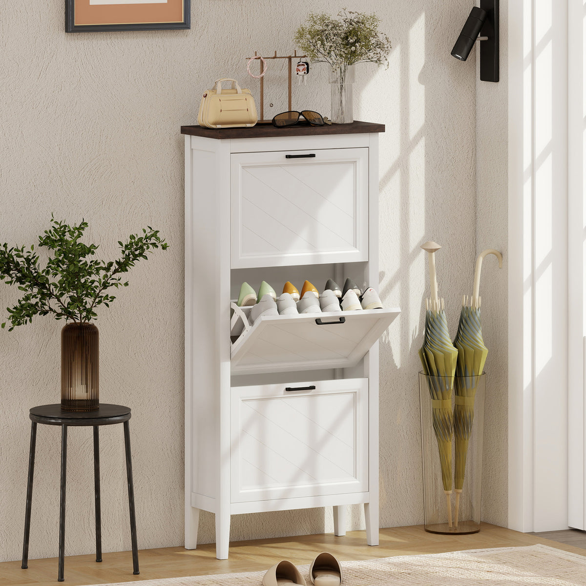HOMCOM Shoe Cabinet with 3 Flip Drawers, Farmhouse Narrow Shoe Storage Cabinet with Adjustable Shelves, White
