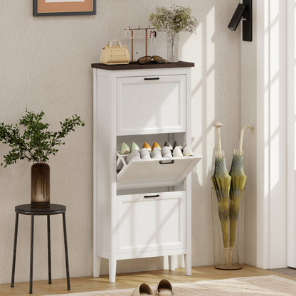 HOMCOM Shoe Cabinet with 3 Flip Drawers, Farmhouse Narrow Shoe Storage Cabinet with Adjustable Shelves, White