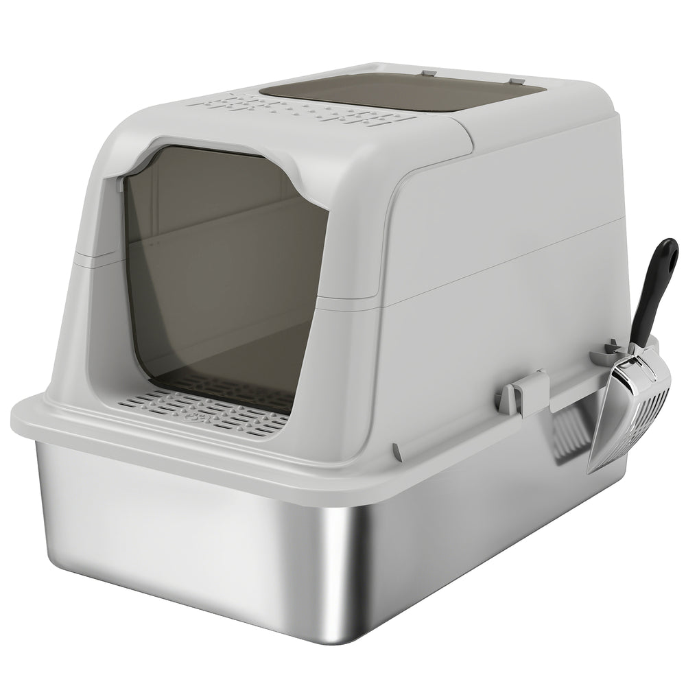PawHut Extra Large Stainless Steel Litter Box, Enclosed Cat Litter Tray with Scoop, Deodorizer Bag, Front-Entry and Top-Exit