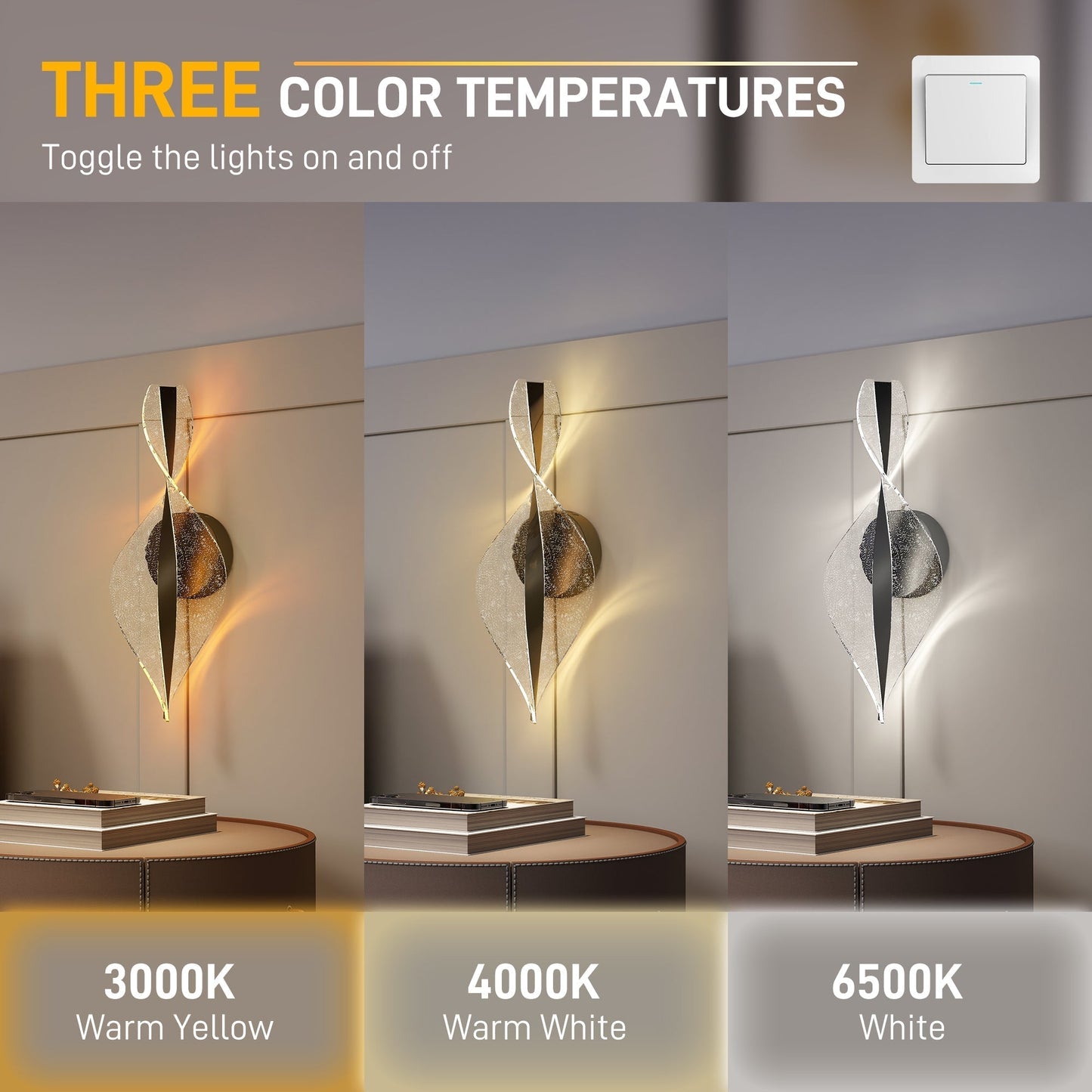 HOMCOM Led Wall Lamp 2 Pack, 13W Modern Indoor Spiral Wall Light, Colour Temperature Adjustable 3000K/4000K/6500K, for Bedroom, Living Room, Hallway, Stairs, Black