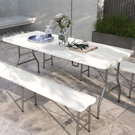 Outsunny Folding Garden Table, 180 x 75cm Rectangular HDPE Outdoor Picnic Table for 6, Metal Frame for Patio, Park, White