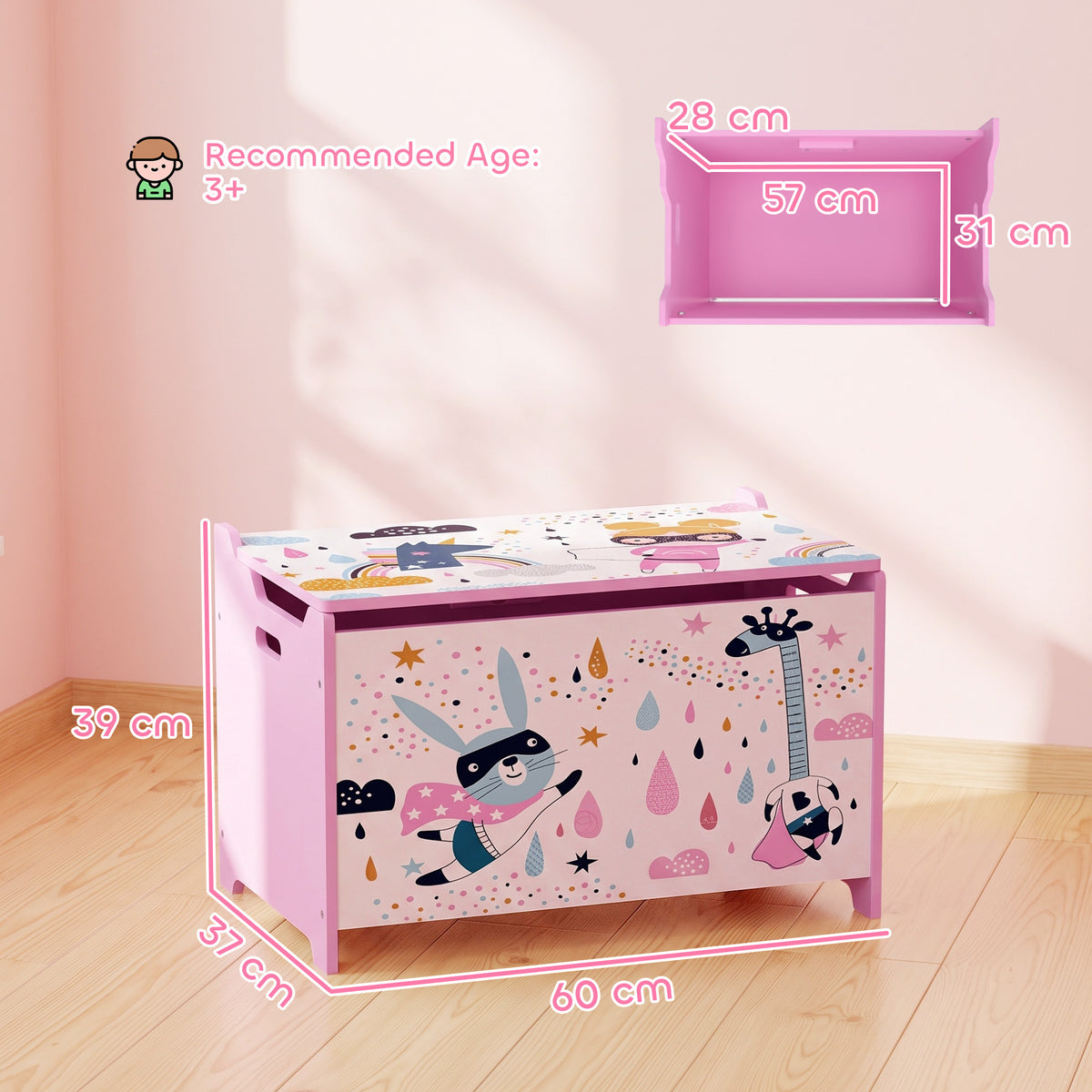 AIYAPLAY Storage Chest, Wooden Toy Chest with Lid, Flip-Top, Security Hinges and Anti-Pinch Design for Kids, Pink