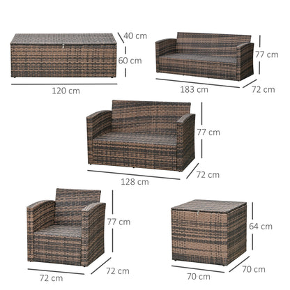 Outsunny 6 Pieces Rattan Garden Furniture Set, 7 Seater Wicker Outdoor Furniture Set with Storage Tea Table & Side Table, Sectional Garden Sofa Set with Cushions, Orange