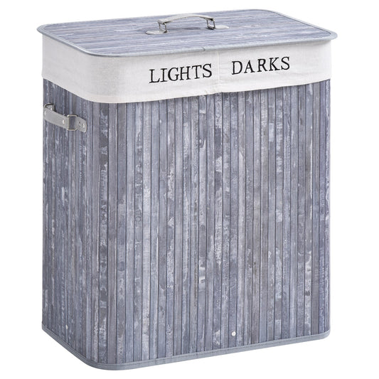 HOMCOM 100L Collapsible Natural Wood Laundry Hamper Organizer Clothes Washing Basket Bin Storage Box w/Lid Removable Lining 52x32x63cm, Grey