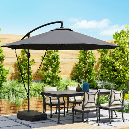 Outsunny 3(m) Garden Cantilever Parasol with Fillable Base up to 90kg, Wind Protection Strap, Cover, Round Banana Hanging Umbrella with Crank Handle and Tilt, UPF50+ Patio Umbrella, Grey