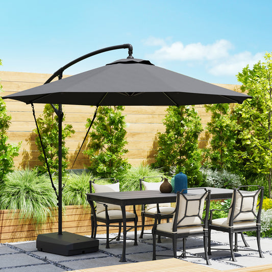 Outsunny 3(m) Garden Cantilever Parasol with Fillable Base up to 90kg, Wind Protection Strap, Cover, Round Banana Hanging Umbrella with Crank Handle and Tilt, UPF50+ Patio Umbrella, Grey