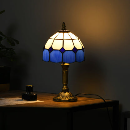 HOMCOM Handmade Stained Glass Table Lamp, Antique Bedside Lamp for Bedroom, Living room, Home, Nightstand, Decorative Night Light, Blue