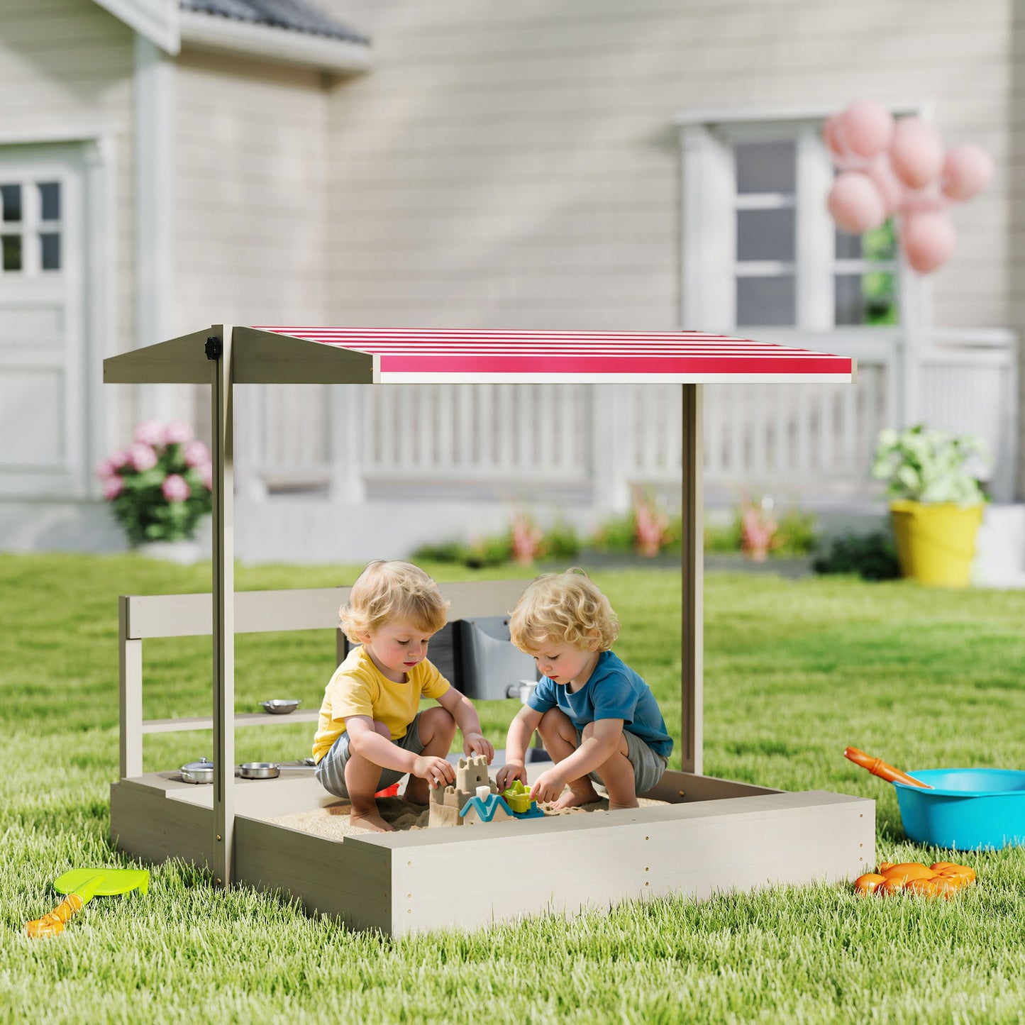 Outsunny Kids Wooden Sandbox w/ Canopy, Kitchen Toys, Seat, Storage, for Ages 3-7 Years