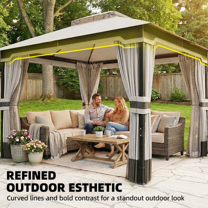 Outsunny 3 x 3.6 m Outdoor Garden Gazebo with Netting and Curtains, Double Roof Patio Gazebo Permanent Pavilion, Light Grey