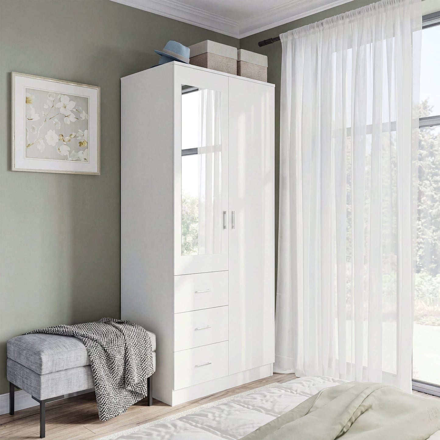 HOMCOM 2 Door 3 Drawer Mirrored Wardrobe with Hanging Rail, Modern Clothes Storage Cupboard with Mirror, Drawers and Adjustable Shelves for Bedroom, 80 x 50 x 180 cm, White
