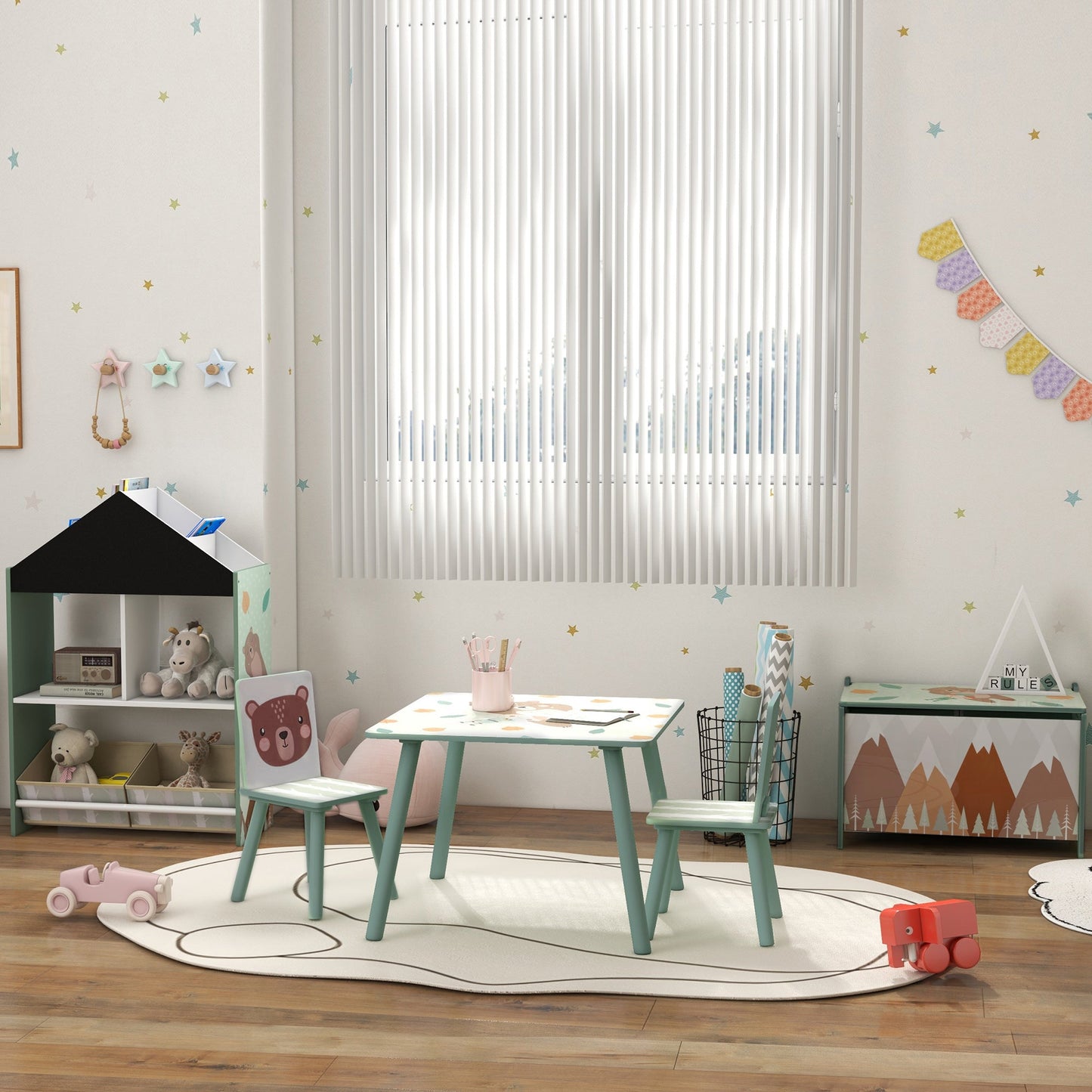 ZONEKIZ Kids and Table Chairs, Children’s Desk with Two Chairs, مجموعة أثاث للأطفال الصغار، للأعمار من 3 إلى 6 سنوات - أخضر