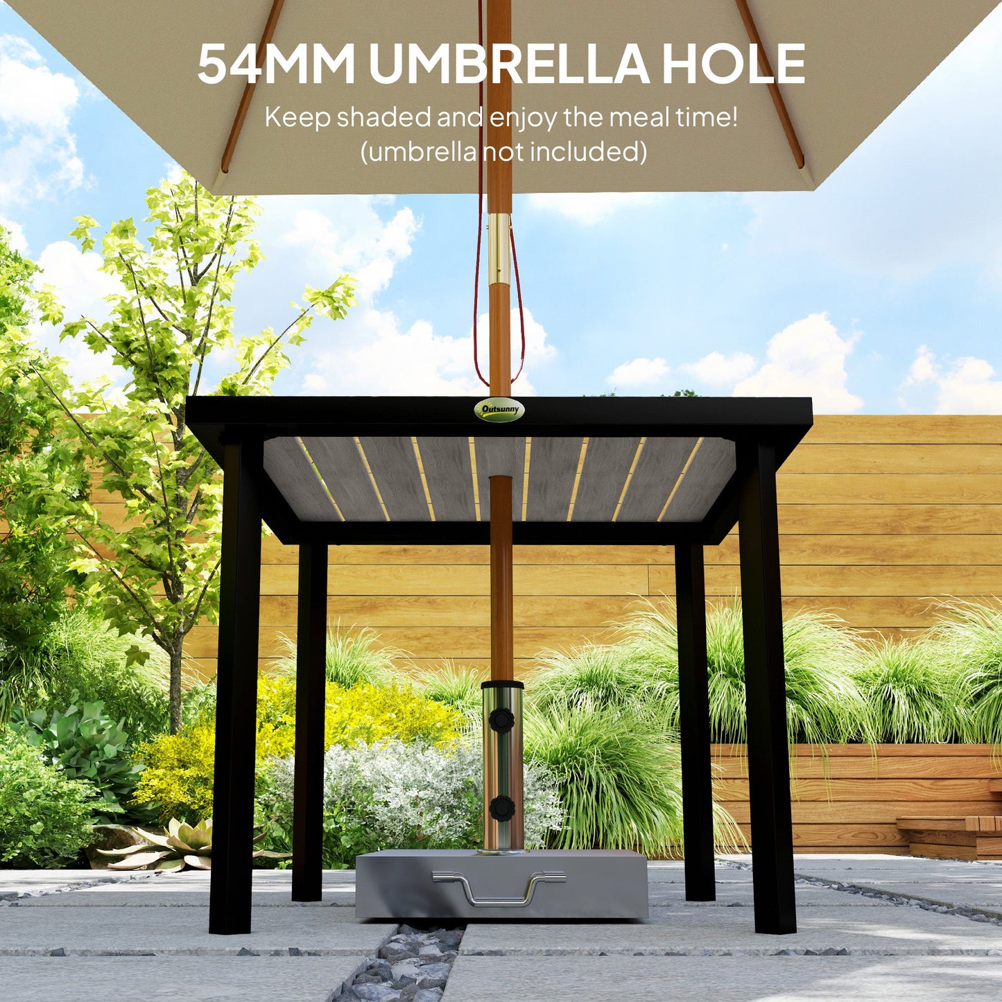 Outsunny Square Garden Dining Table with 5.4cm Parasol Hole, Slatted Top, Metal Frame, 86 x 86 x 71 cm, Light Grey