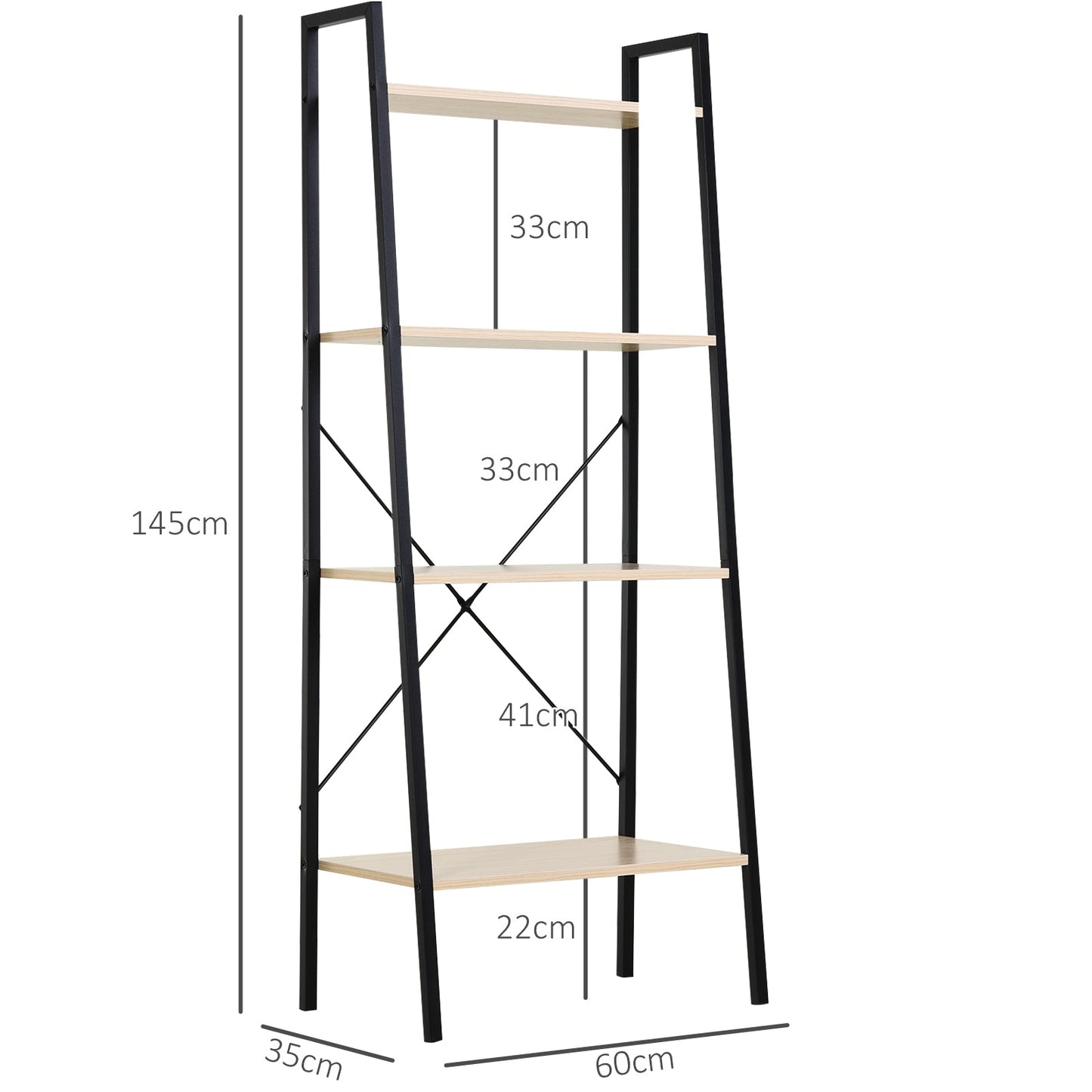 HOMCOM Ladder Shelf, Bookshelf, 4-Tier Industrial Storage Rack for Living Room, Bedroom, Kitchen, Oak and Black