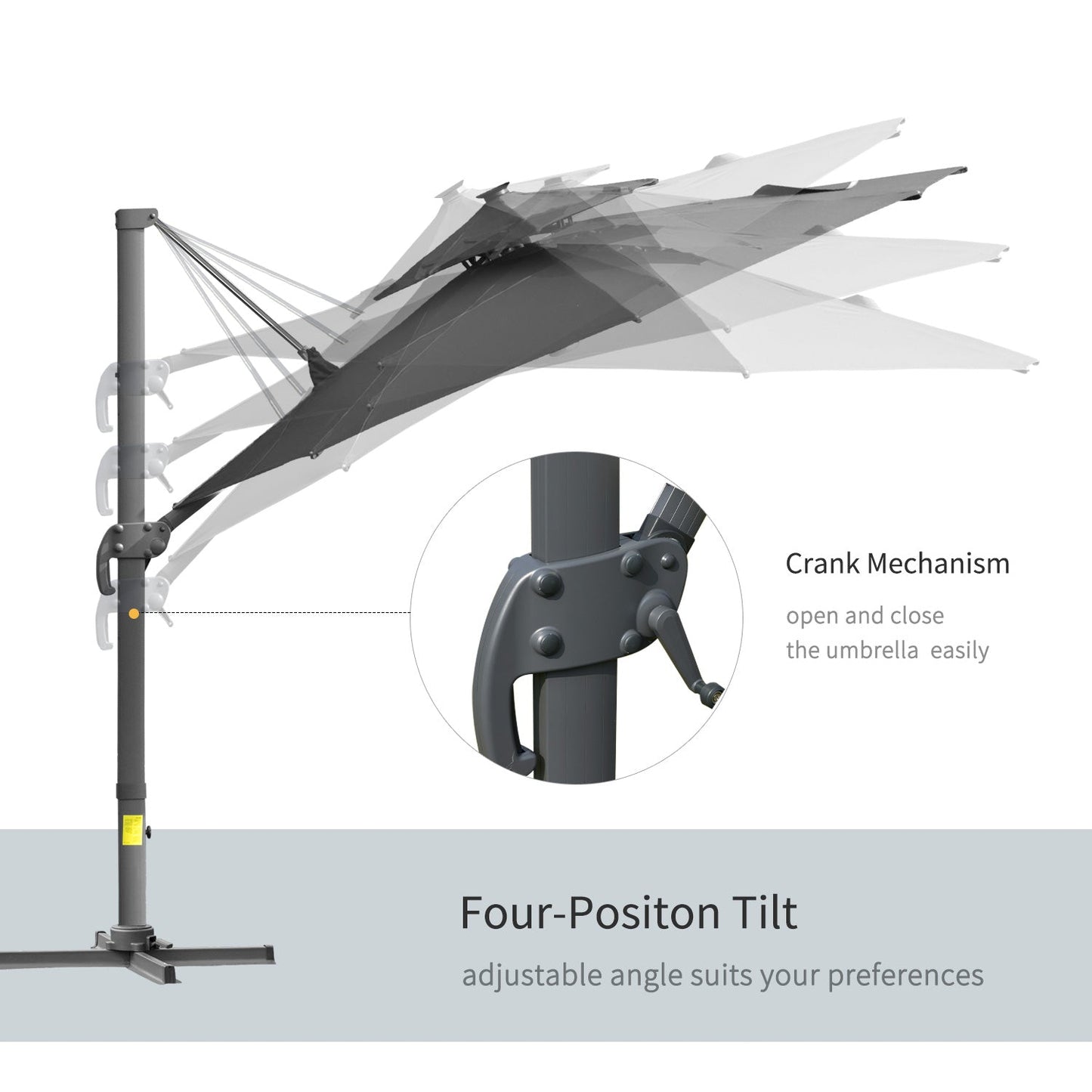 Outsunny 3m Cantilever Parasol w/ Solar Lights Power Bank Base 360 Spin Dark Grey
