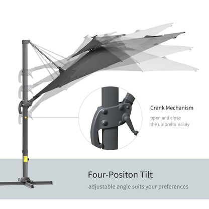 Outsunny 3m Cantilever Parasol w/ Solar Lights Power Bank Base 360 Spin Dark Grey