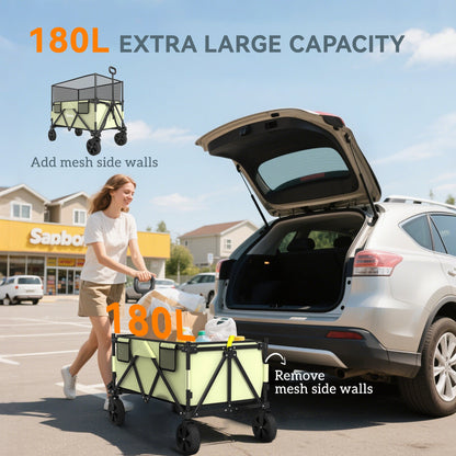 Outsunny Folding Garden Trolley, 180L Wagon Cart with Extendable Side Walls, for Beach, Camping, Festival, Green