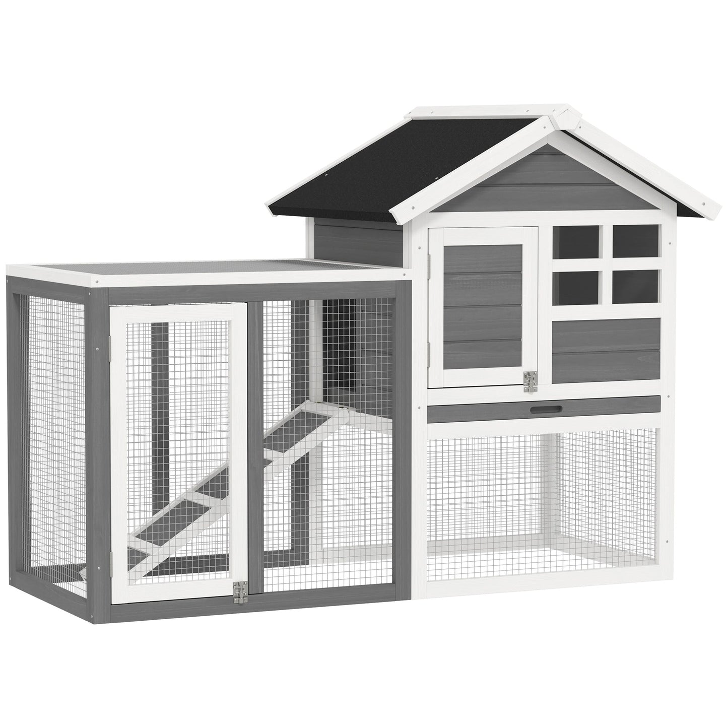 PawHut Rabbit Hutch Outdoor Wooden Guinea Pig Hutch Rabbit Run Bunny Cage Small Animal House Pull-Out Tray, Grey, 122 x 62.6 x 92 cm