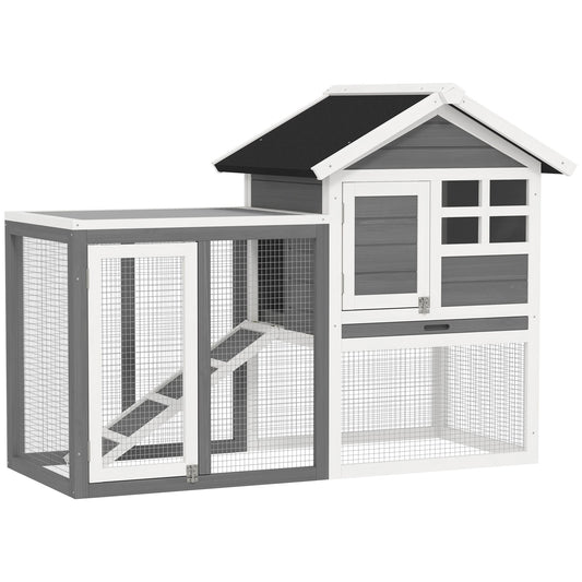 PawHut Rabbit Hutch Outdoor Wooden Guinea Pig Hutch Rabbit Run Bunny Cage Small Animal House Pull-Out Tray, Grey, 122 x 62.6 x 92 cm