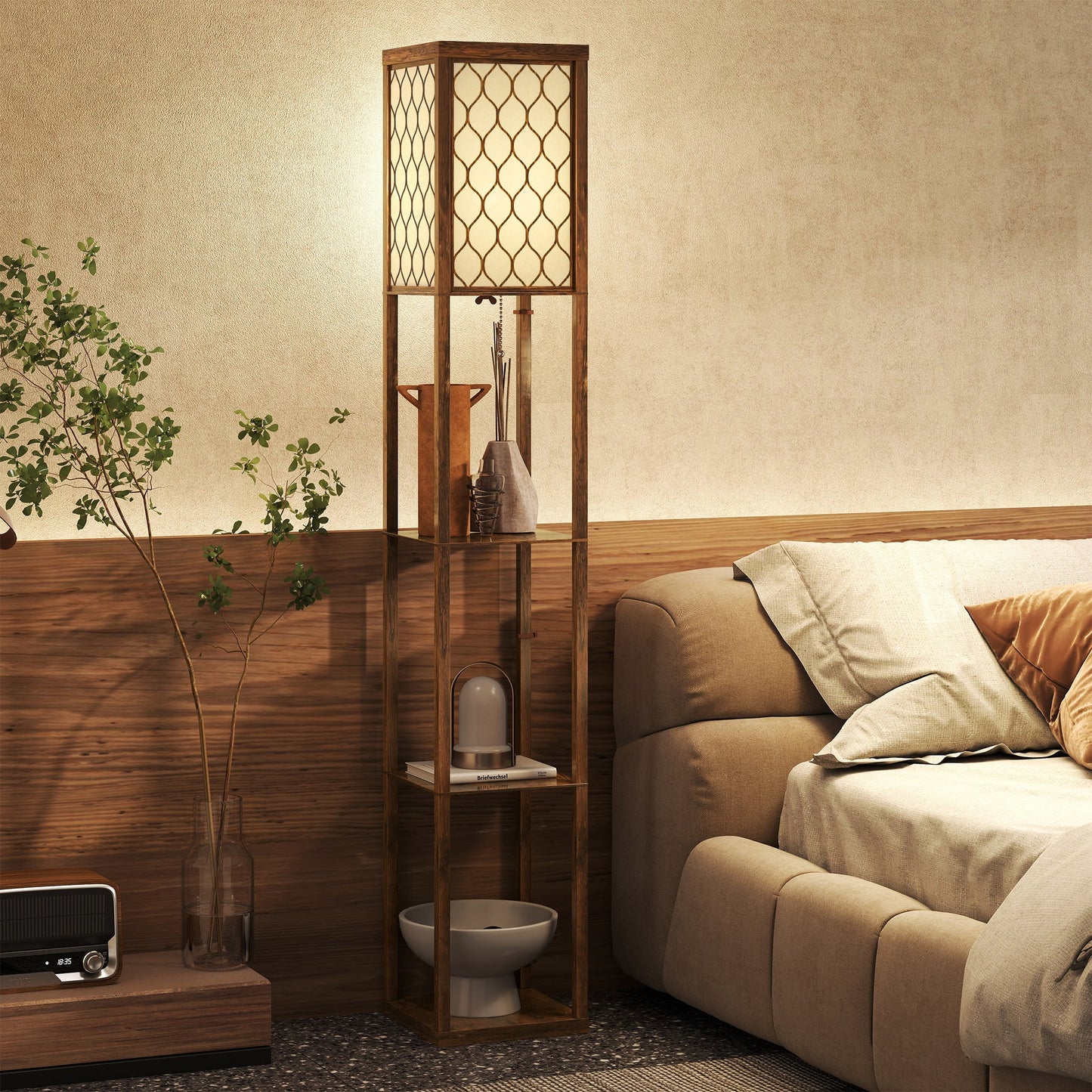 HOMCOM Three-Shelf Standing Lamp - Rustic Brown/White
