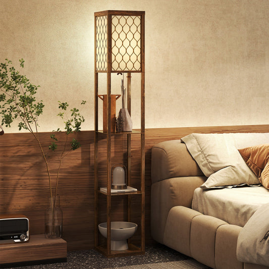 HOMCOM Three-Shelf Standing Lamp - Rustic Brown/White
