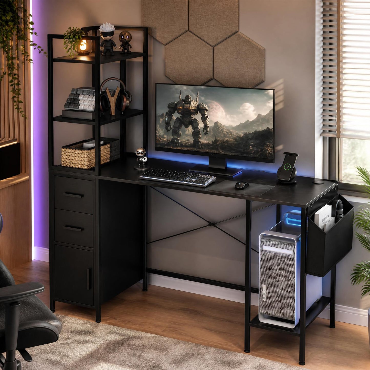 Office Desk with LED Lights and Power Outlets CPU Stand for Home Office-Black