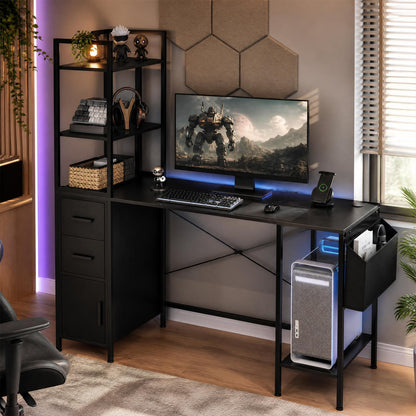 Office Desk with LED Lights and Power Outlets CPU Stand for Home Office-Black