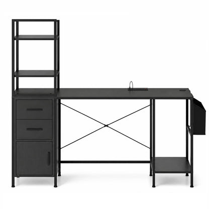 Office Desk with LED Lights and Power Outlets CPU Stand for Home Office-Black