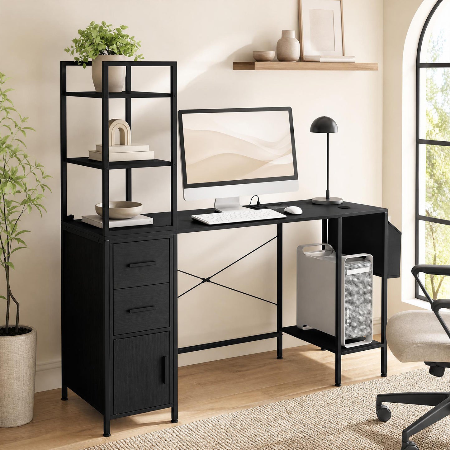 Office Desk with LED Lights and Power Outlets CPU Stand for Home Office-Black