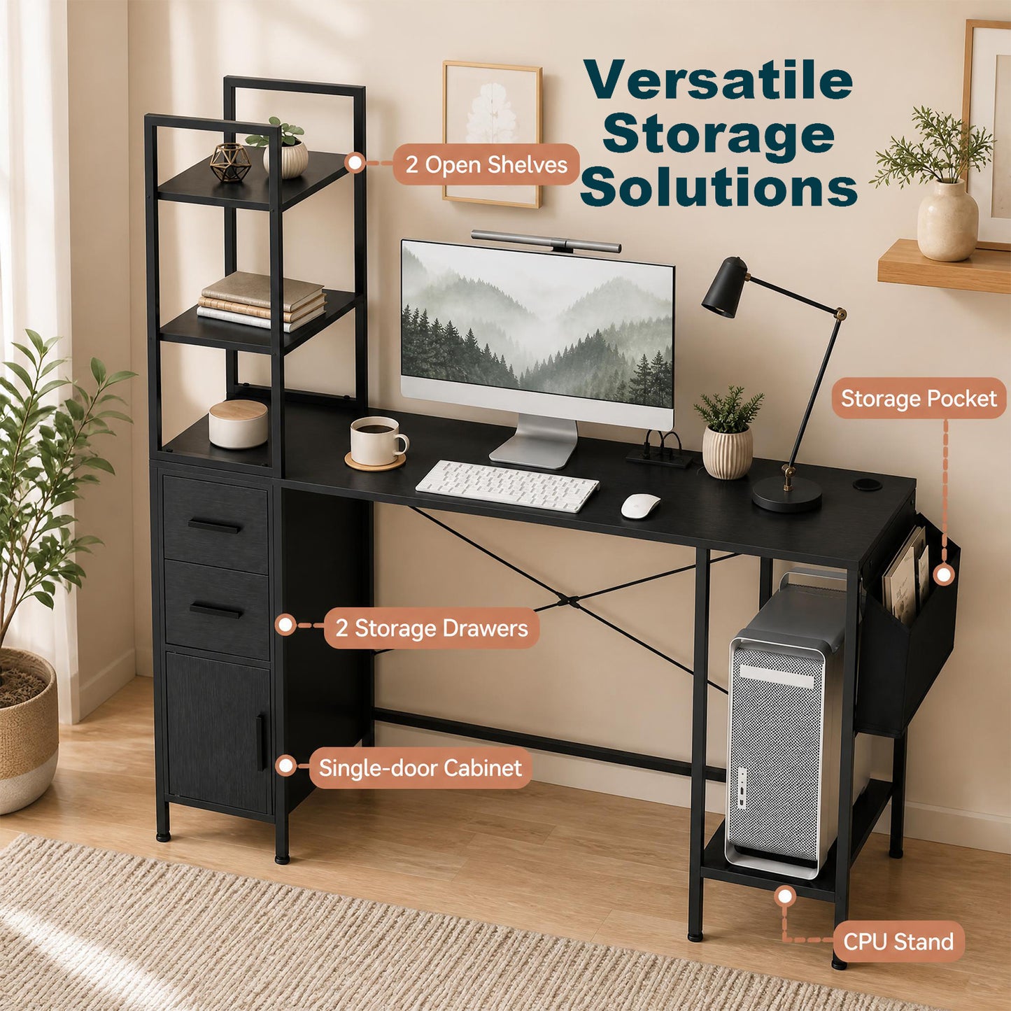 Office Desk with LED Lights and Power Outlets CPU Stand for Home Office-Black