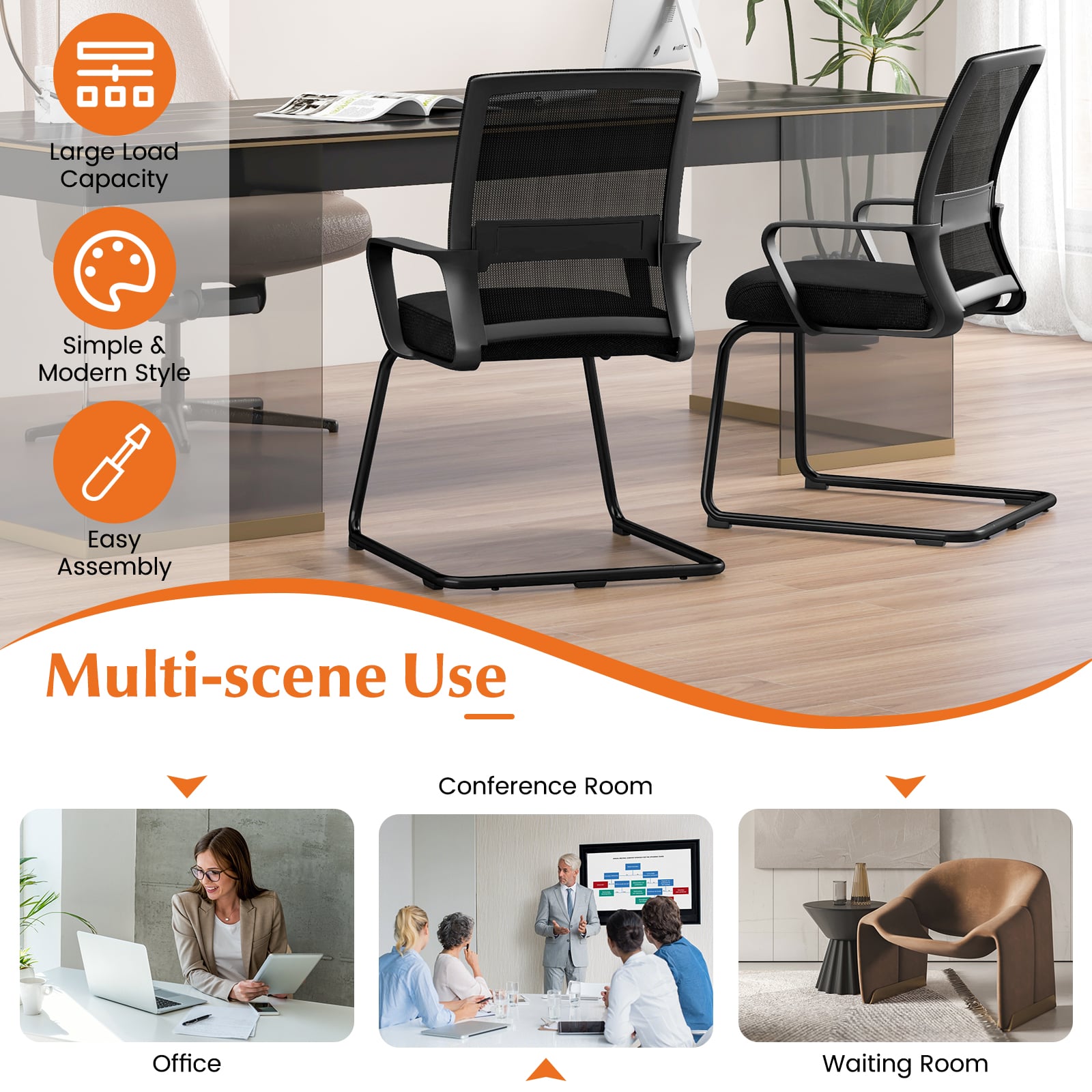 Conference Reception Chair with Lumbar Support and Sled Base-Black