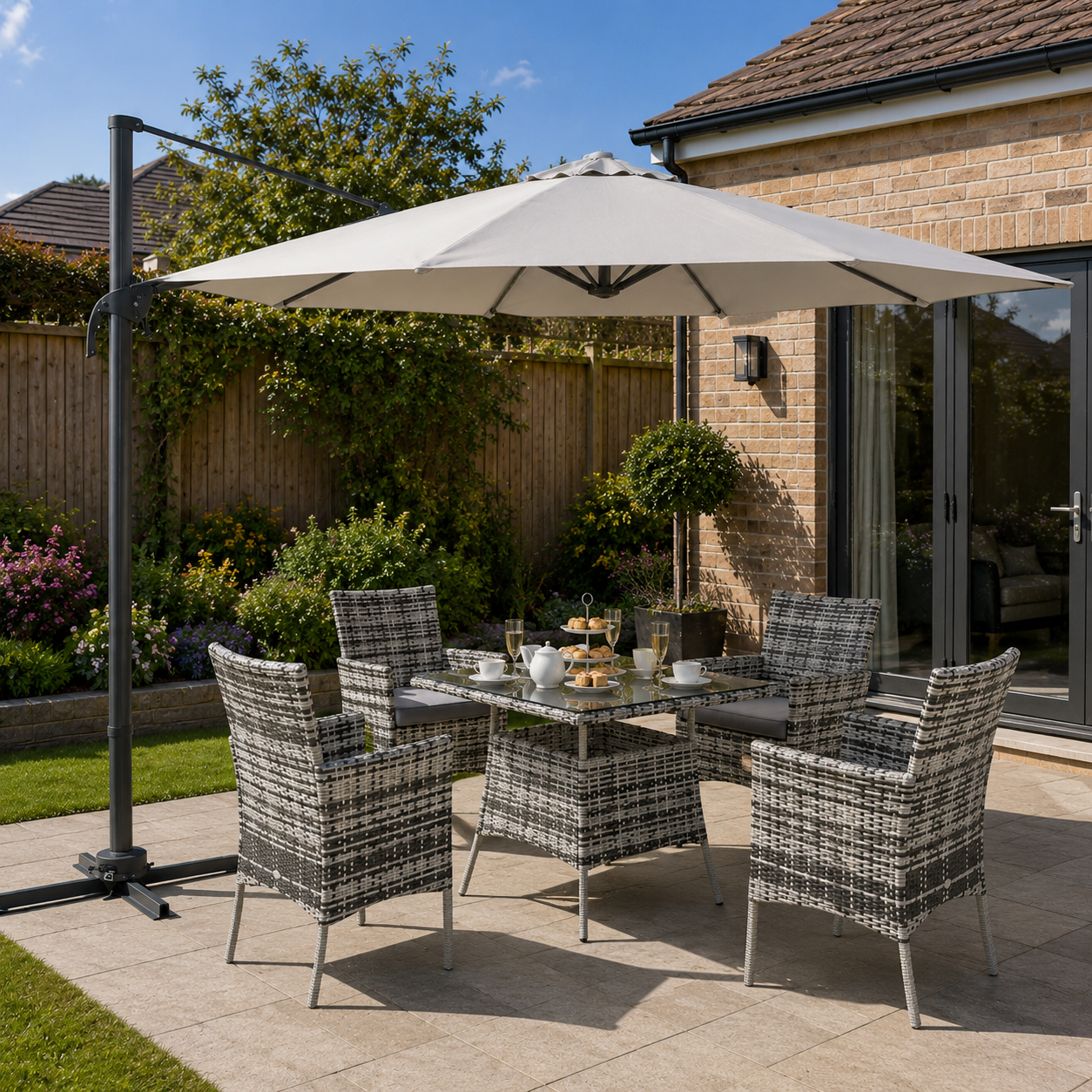 Outsunny 3(m) LED Cantilever Parasol Garden Sun Umbrella w/ Cross Base and Solar Lights Grey