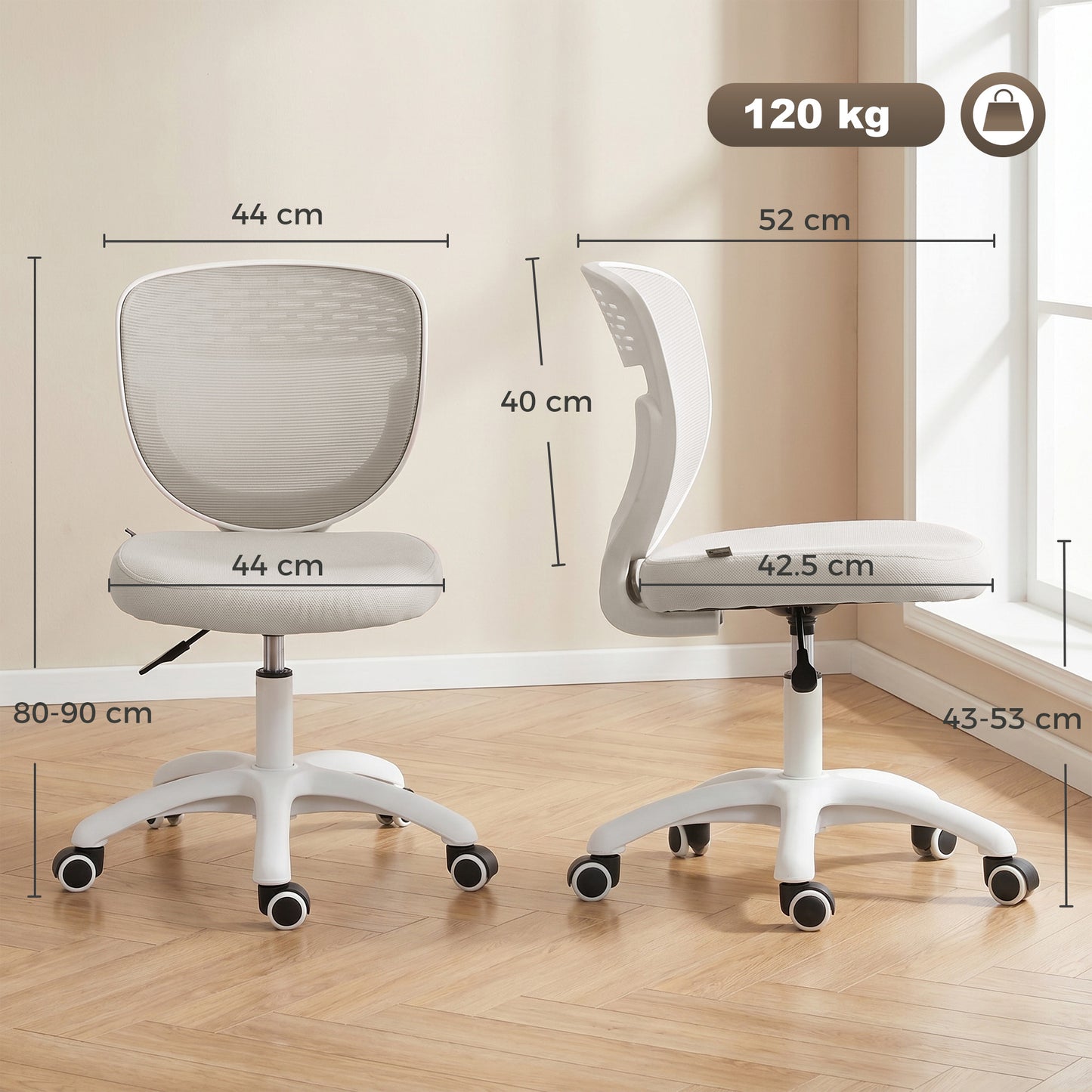 HOMCOM Office Chair, Armless Computer Desk Chair with Breathable Mesh, Adjustable Height, Swivel Wheels, Grey
