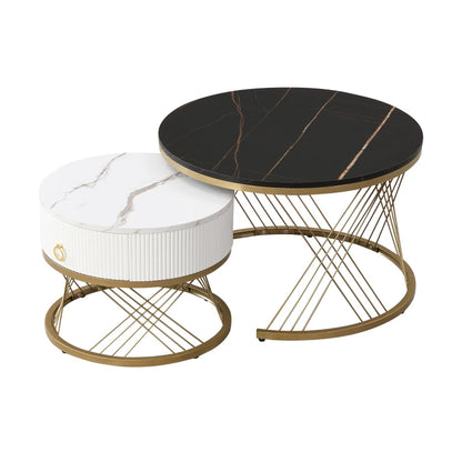 Elegant Nesting Coffee Table Set, Marble Look with Gold Decor, Side Tables for Living Room with Drawers - 70x70x45 cm + 50x50x40 cm, Black