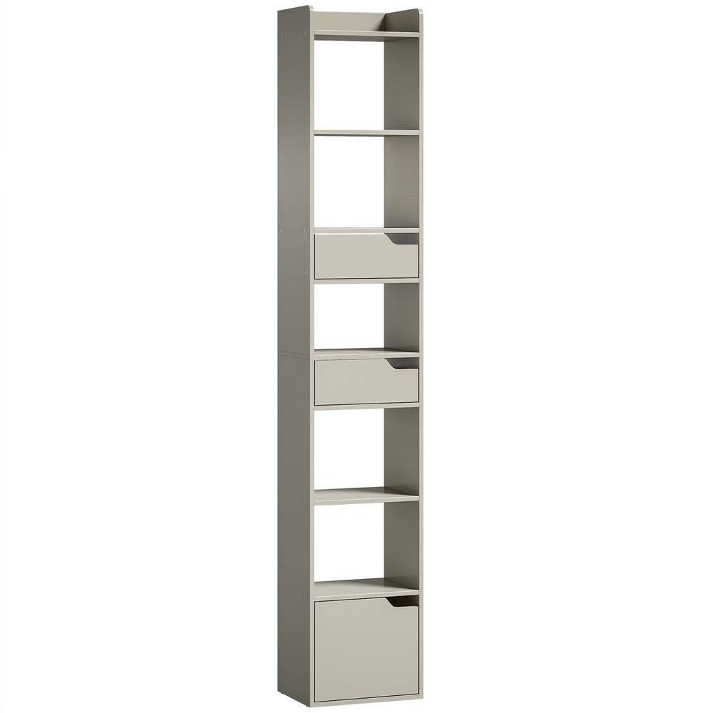 HOMCOM Bookcase Tall Narrow with 5 Tiers and Drawers Freestanding Bookshelf Storage Cabinet for Living Room Grey