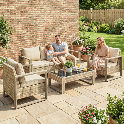 Outsunny 4 Piece Rattan Garden Furniture Set with 3-Seater Sofa, Armchairs, Table, Aluminium Frame Patio Conversation Set, Khaki