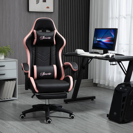 Vinsetto Computer Gaming Chair, PU Leather Office Desk Chair with Footrest, Swivel Wheels, 135 Reclining Back, Lumbar Support, Headrest for Home, Black and Pink