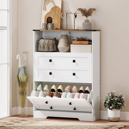 HOMCOM Shoe Cabinet with 2 Flip Drawers, Narrow Shoe Storage Cabinet, White