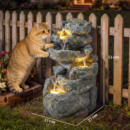 Outsunny Outdoor Water Fountain with 6-Tier Rock Style, Cascading Waterfall Feature with LED Lights, Adjustable Flow, Grey