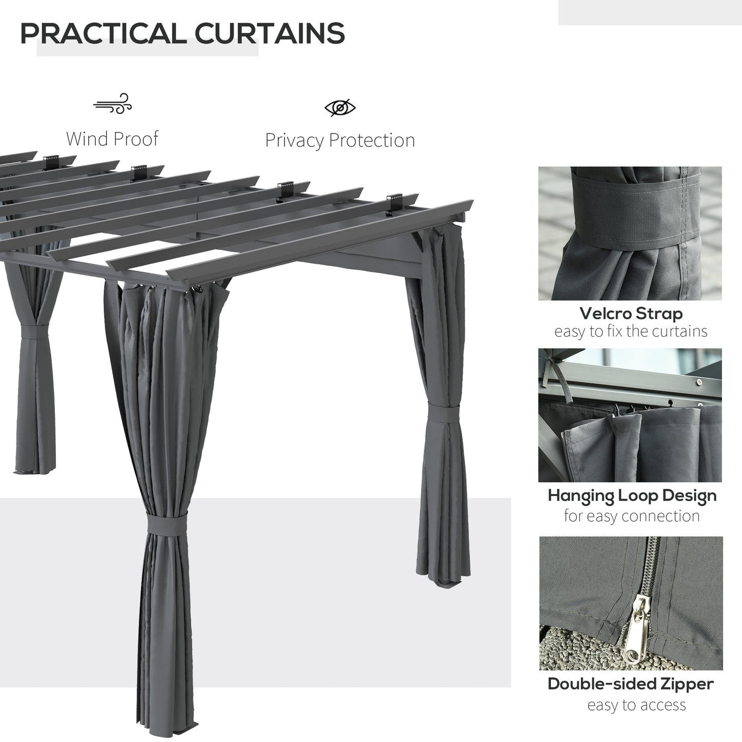 Outsunny 3.6 x 3(m) Outdoor Pergola with Retractable Roof and Curtains, Garden Gazebo Canopy Sun Shade Shelter with Aluminum Frame, Dark Grey