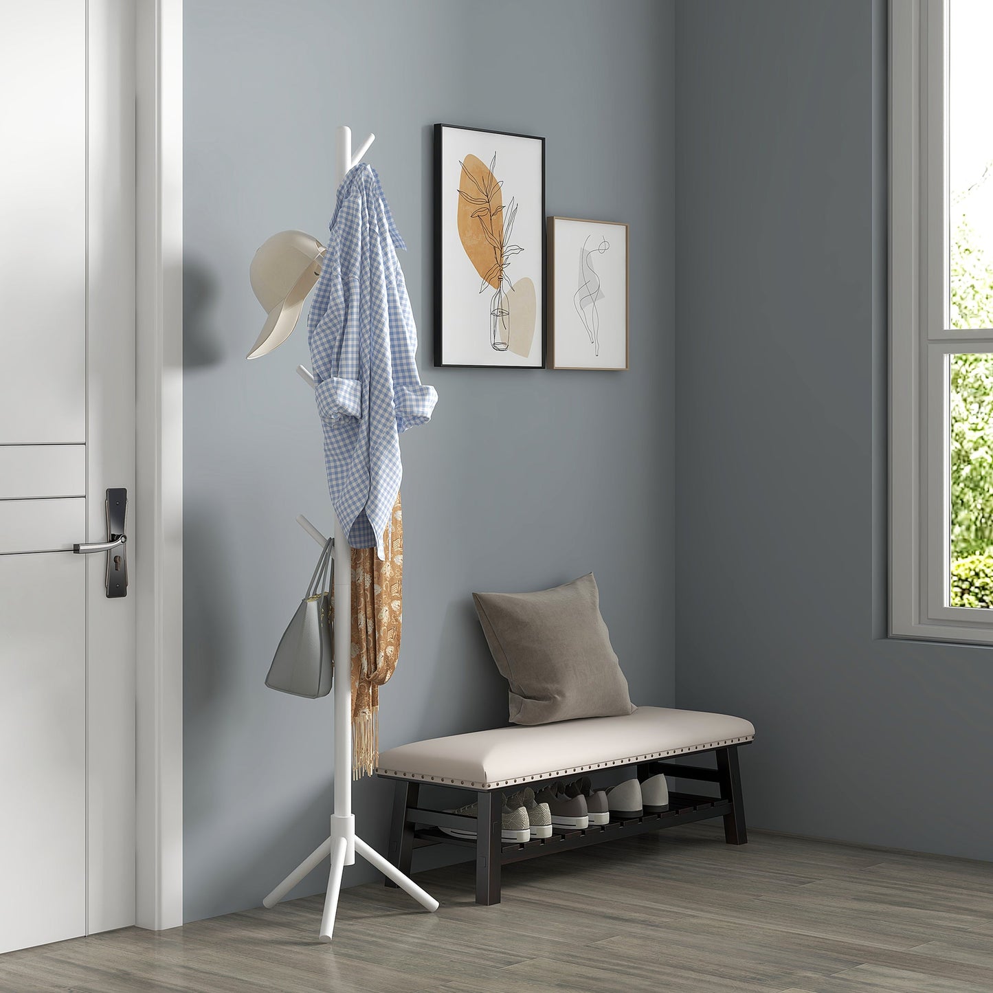 HOMCOM Eight-Hook Wooden Coat Rack - White