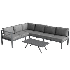 Outsunny 3 Pieces Garden Furniture Set, Aluminium Corner Lounge Set with Adjustable Backrest and Coffee Table