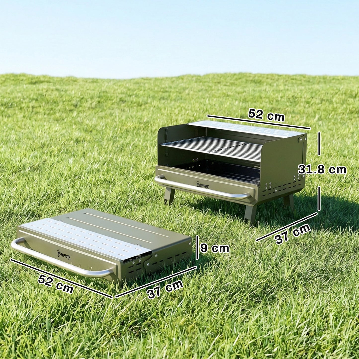 Outsunny Portable BBQ Grill, Charcoal Barbecue Grill with Adjustable Grates, Foldable Legs, Side Shelf for Camping Travel, Green