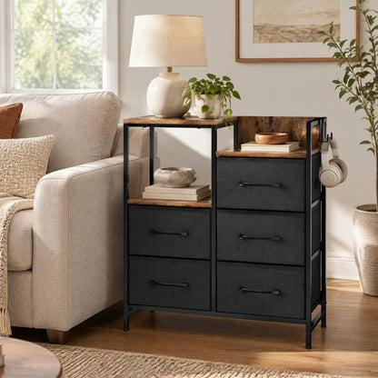 Open Shelves Dresser with 5 Fabric Drawers and 2 Hooks for Bedroom-Rustic Brown