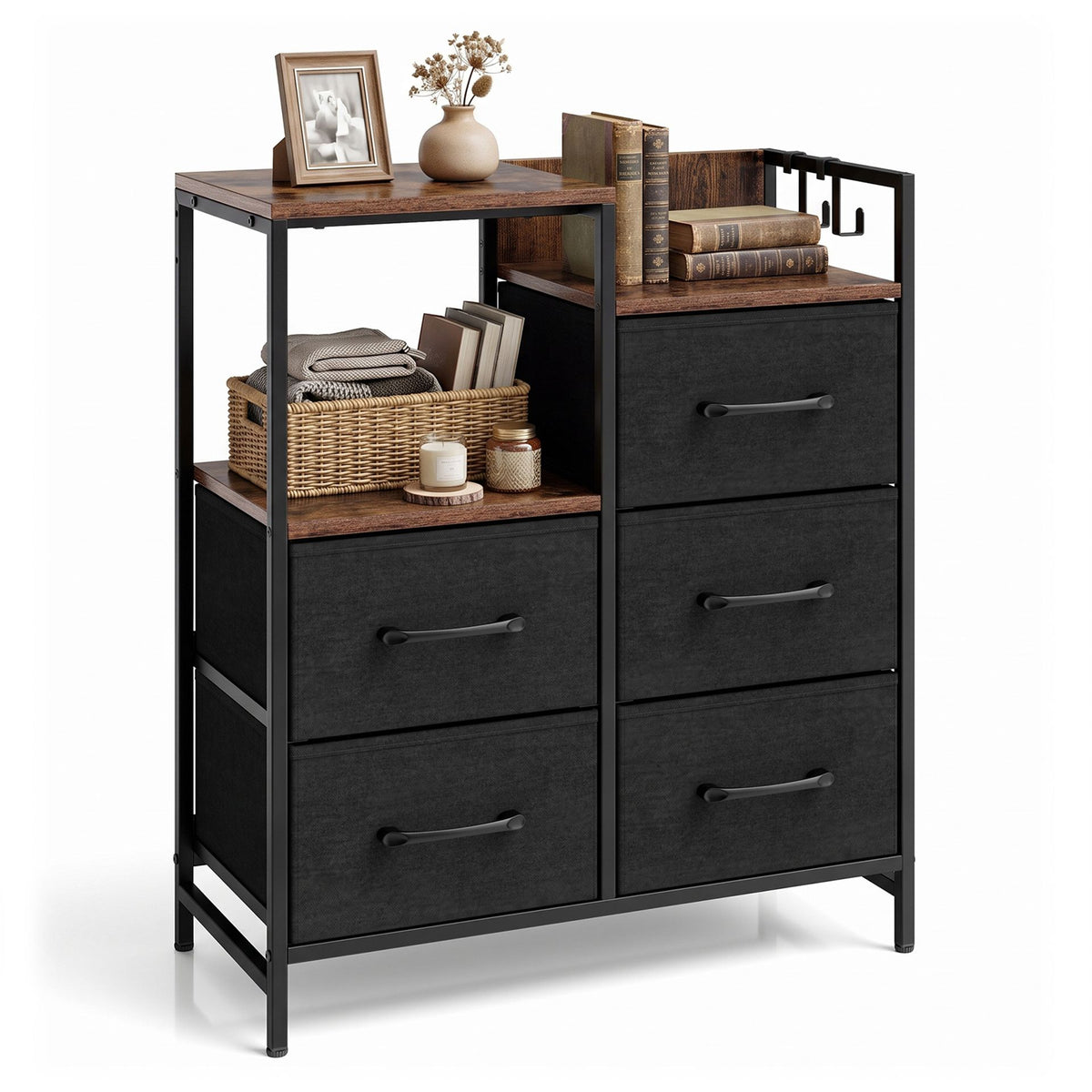 Open Shelves Dresser with 5 Fabric Drawers and 2 Hooks for Bedroom-Rustic Brown